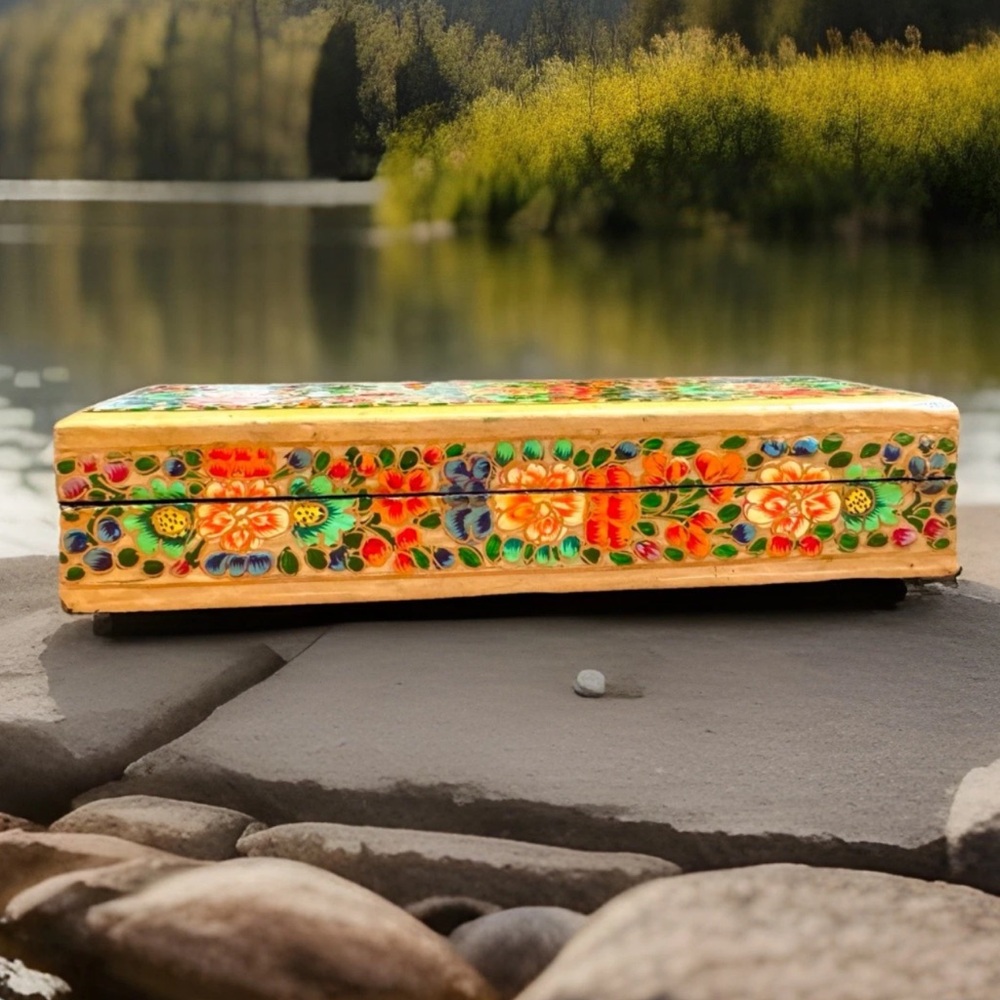 Smooth Hand Painted Floral Art Kashmiri Paper Mache Pencil & Jewelry Box 8”in